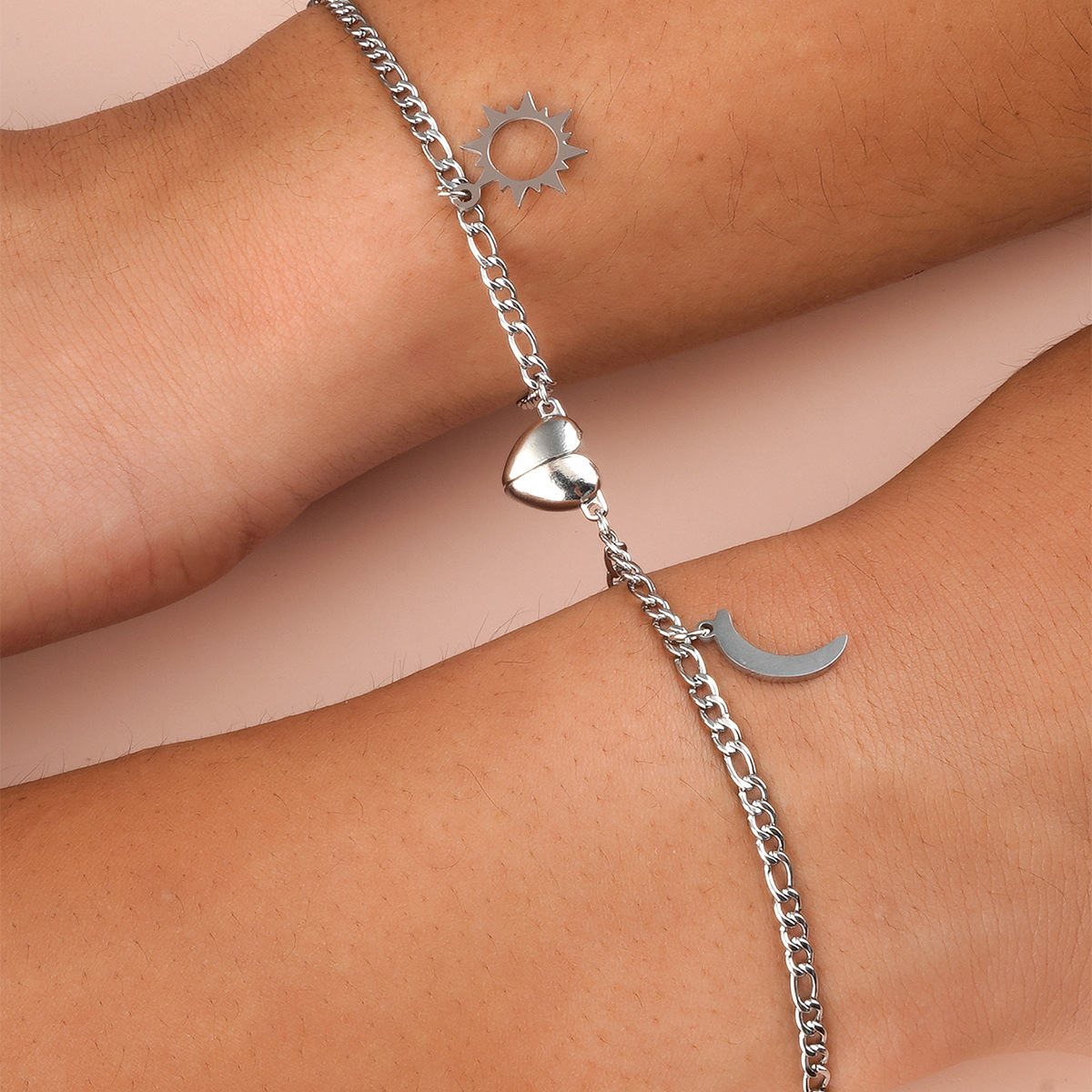 Stainless Steel Sun Moon Heart Shaped Magnetic Attachment Pendant Couple Bracelet