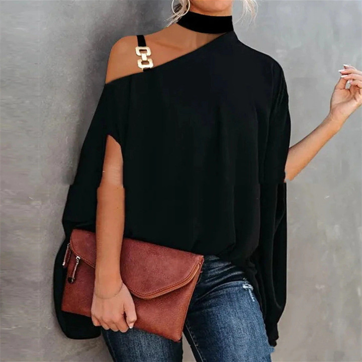 Women's High Neckline Strapless Crossbody Shoulder Cape Short Sleeve Top