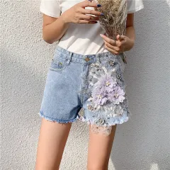 Pants Women's Spring And Summer New Heavy Industry Applique High Waist Denim Shorts - Light Blue - View 1