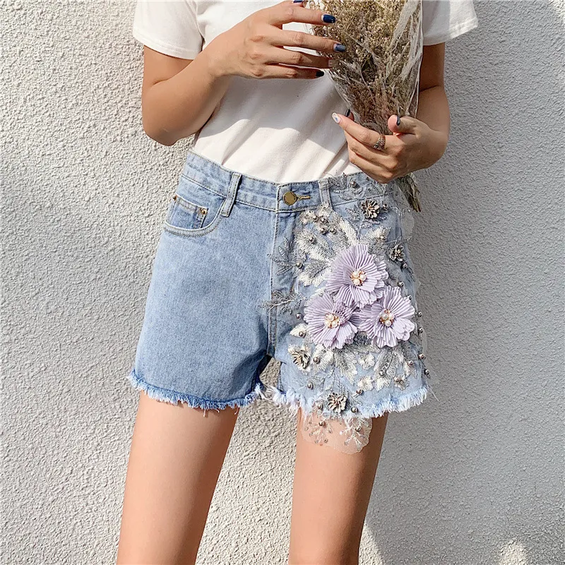Pants Women's Spring And Summer New Heavy Industry Applique High Waist Denim Shorts - Light Blue