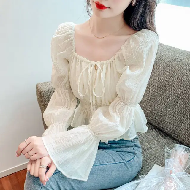 Small Pleated Shoulder Flare Sleeve Is Thin Apricot - Shop at LoveMi