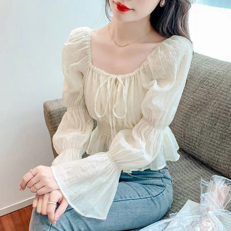 Small Pleated Shoulder Flare Sleeve Is Thin - Apricot