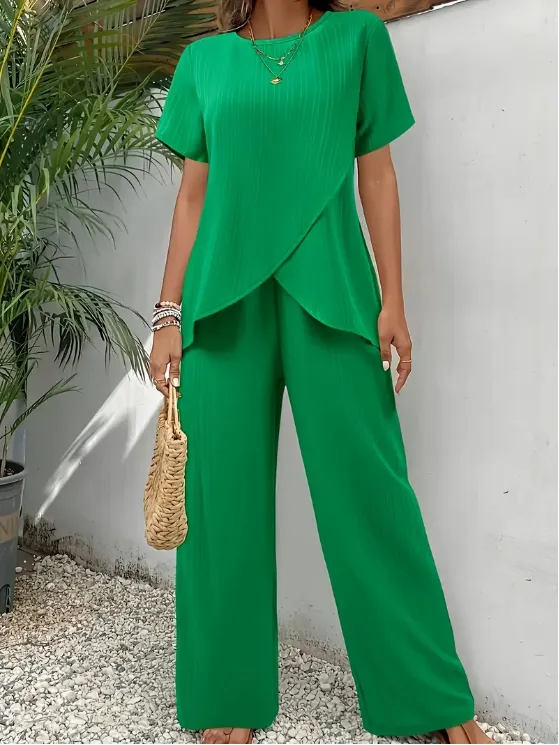 Women'S Elegant Solid Color Polyester Set, Crew Neck Short Sleeve Top And Long Pants Green - Shop at LoveMi