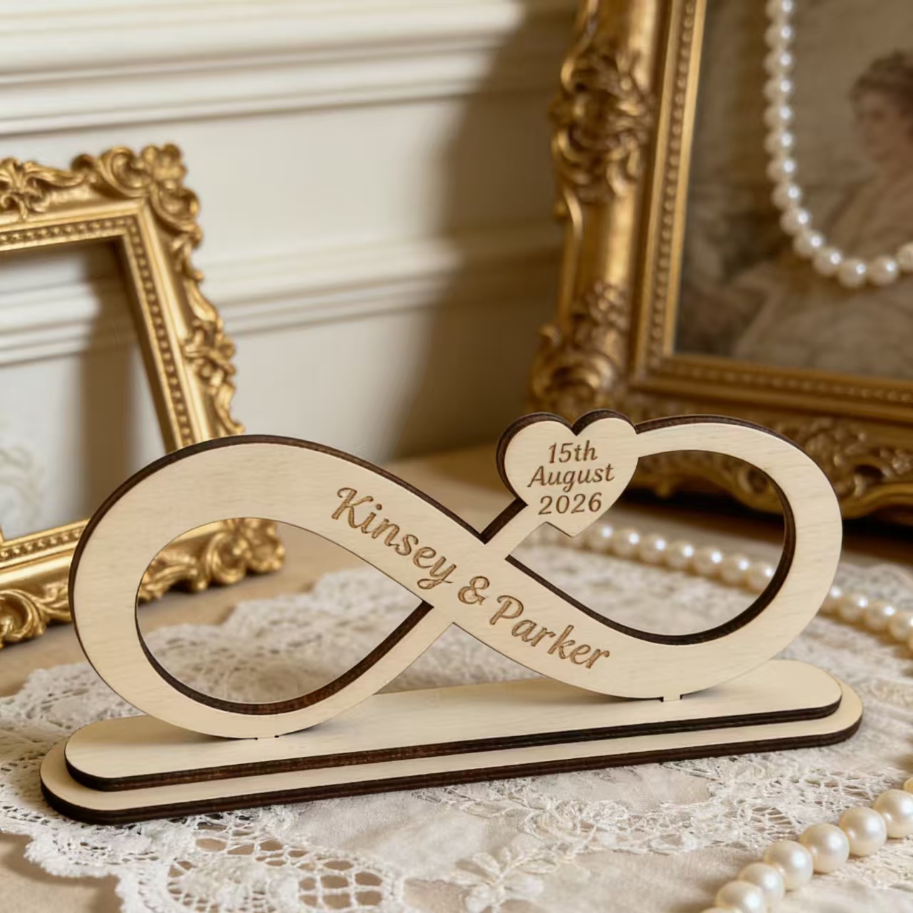Custom Infinity Symbol Wood Table Sign With Base, Laser Engraved Names & Special Date Heart Wooden Ornament, Personalized Wedding Centerpiece Decor, Unique Anniversary Valentines Engagement Gift For C