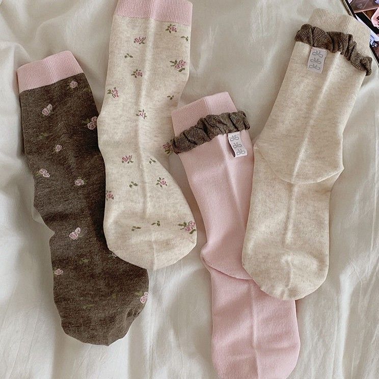 Coquette Floral & Solid Crew Socks, Brown Pink & Beige Knit Socks With Ruffle Trim, Women's Sweet Casual Socks For Fall & Winter