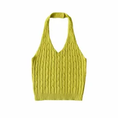 Women's Niche Design V-neck Twist Button Halterneck Vest - Olive - View 1