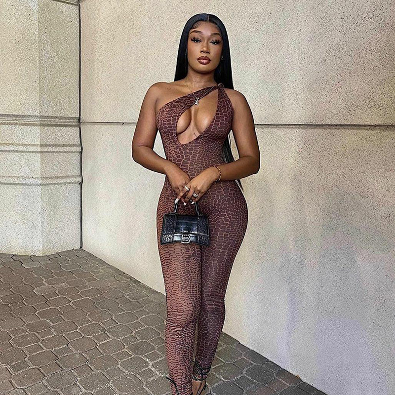 Cutout Snake Print Skinny Hip Lift Jumpsuit