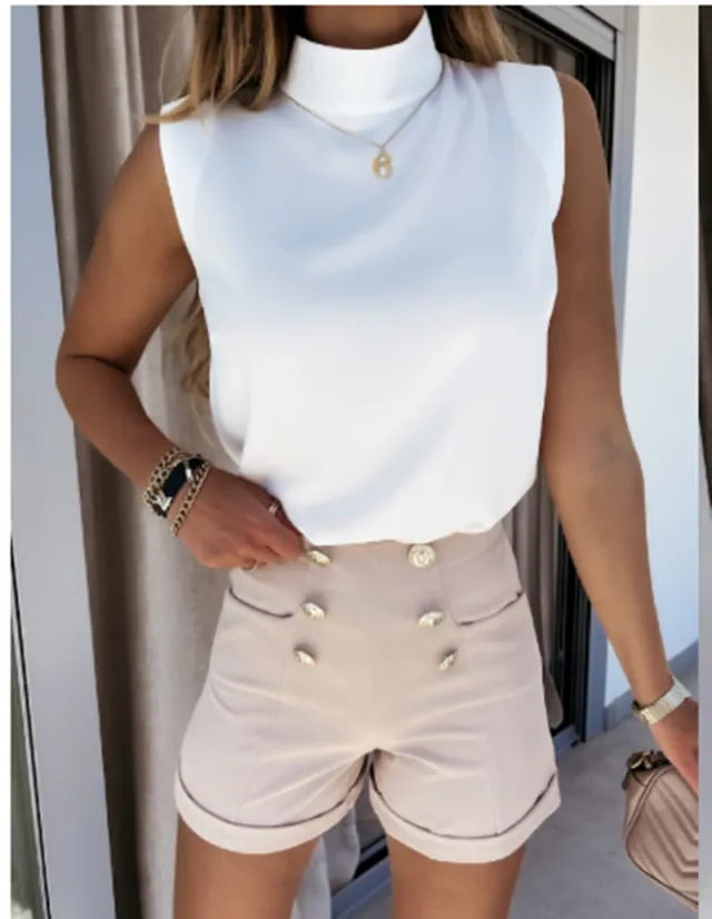 Ladies' Shirt With Sleeveless Stand up Collar And Shoulder Pads Tan - Shop at LoveMi