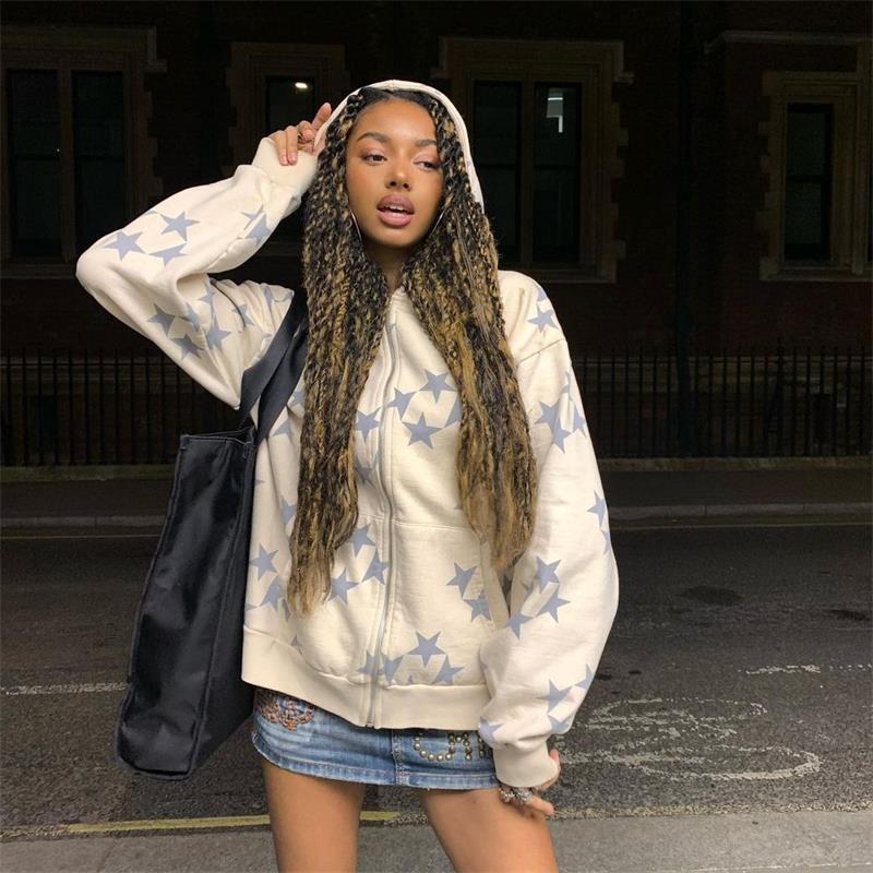Women's Zip Loose Star Print Hooded Sweater Jacket