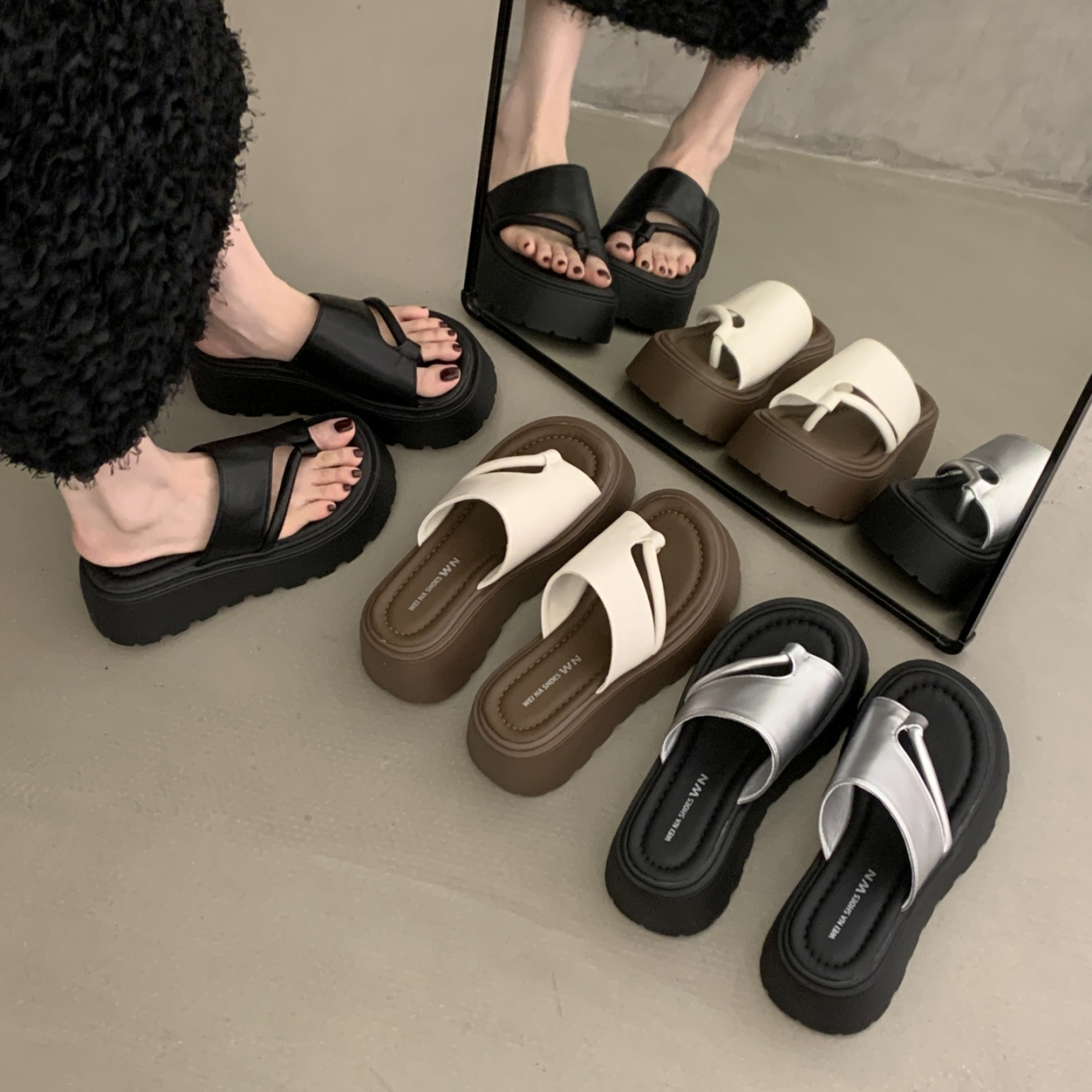 Women Minimalist Cut-Out Single Strap Platform Thong Slide Sandals Matching Daily