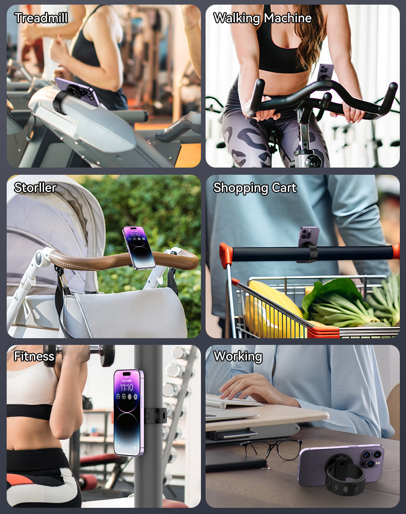 MagSafe Magnetic Phone Holder With Adjustable Silicone Strap, 4000Gs Strong Magnet Gym Shopping Cart Mount, 360 Rotation Stand For Phone & Universal Phones