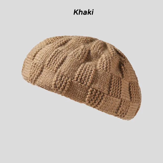 Simple Knit Plaid Beret Autumn Khaki - Shop at LoveMi