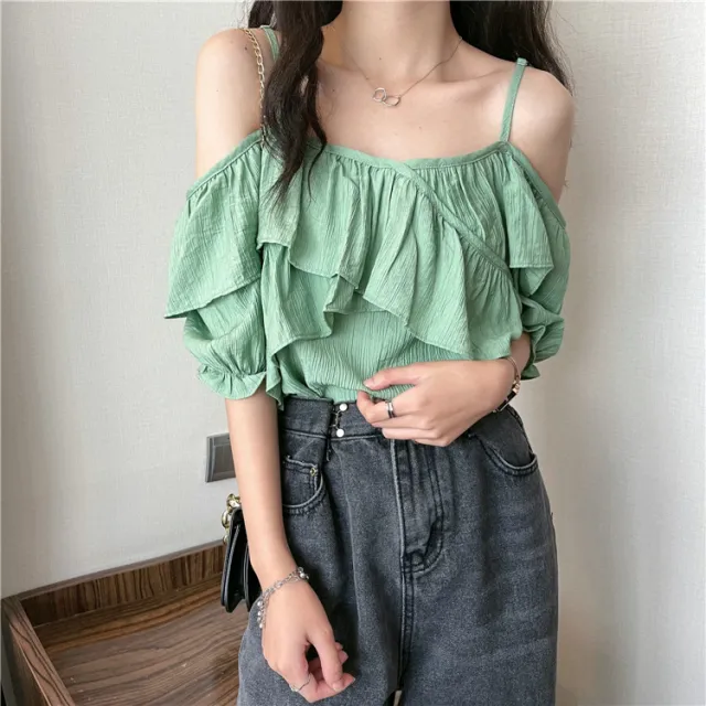 Miss Kekeli Korean Summer Slip Shoulder Suspender Shirt Green - Shop at LoveMi
