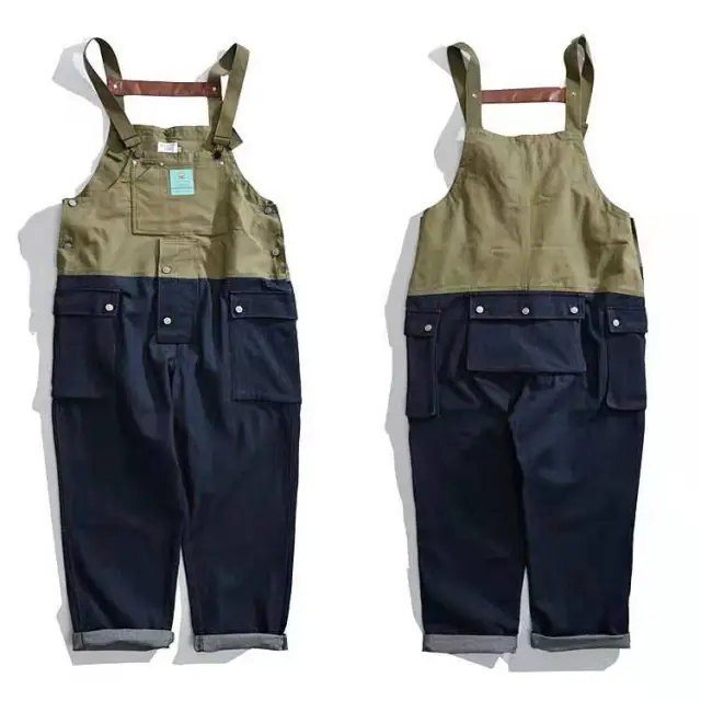 Colorblock Tooling One piece Denim Trousers Army Green - Shop at LoveMi