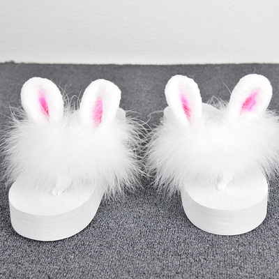 Hand made Cute Rabbit Ears Fur Shoes Ostrich Fur Super Fairy Flip flops Platform Shoes White - Shop at LoveMi