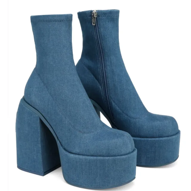 Chunky Boots Fashion High Heel Shoes With Side Zipper Women Party Boots Blue - Shop at LoveMi