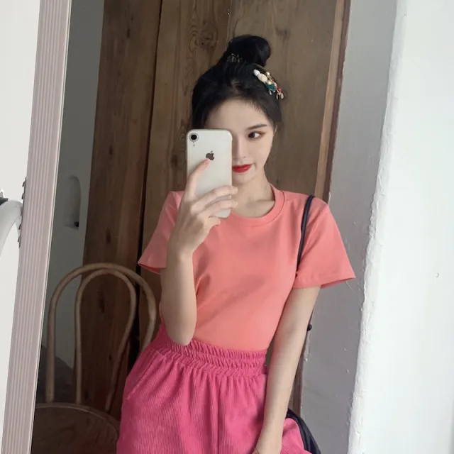 Candy Crew Neck Short Sleeve Top Women's Loose Inner Bottoming Shirt Western Style Short Sleeve T Shirt Pink - Shop at LoveMi