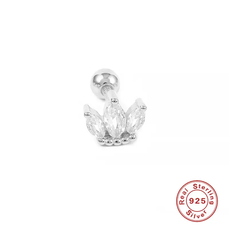 Sterling Silver Small Crown Diamond Thread Piercing Single Stud Earrings