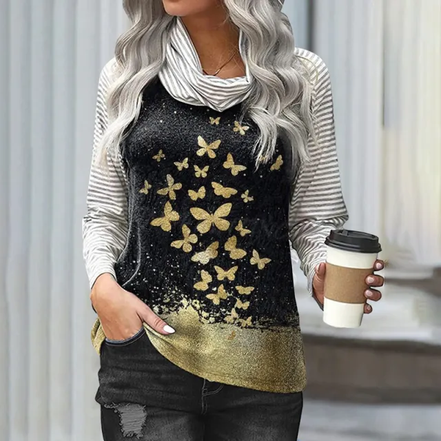 Stitching Long sleeved Pile Neck Top Printed T shirt Printed Black - Shop at LoveMi
