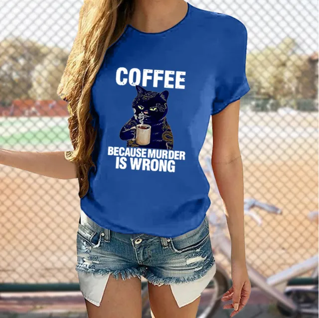 Cat Cute Print T shirt Round Neck Short Sleeve Top Dark Blue - Shop at LoveMi