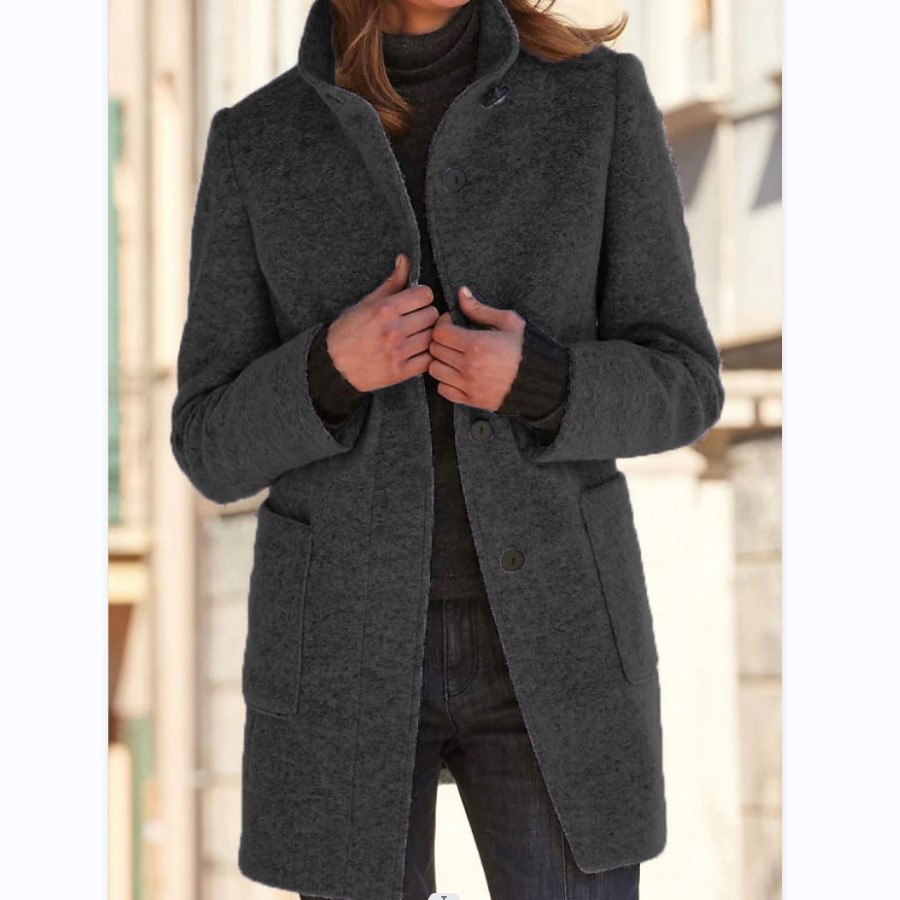 Fashion Stand Collar Woolen Coat With Pockets Fall Winter Casual Button Outwear