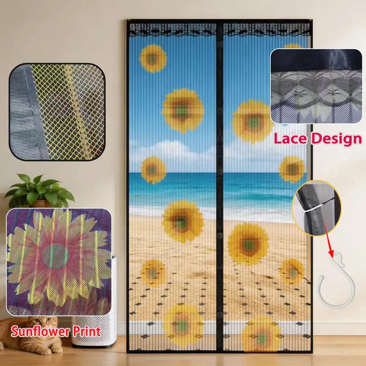 Magnetic Screen Door, Sunflower Print Mesh Curtain
