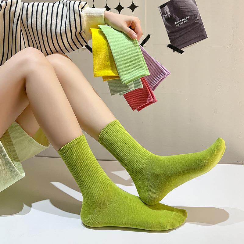 Vibrant Socks For Women 6 Pairs Of Colorful Candy-Hued Cotton Socks For Spring Fall Dance Instagram-Trendy Mid-Calf Length Solid-Color Comfortable Style