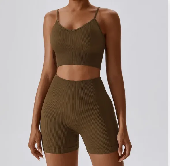 Seamless Knitted Thread Yoga Suit - Dark Coffee Color Suit