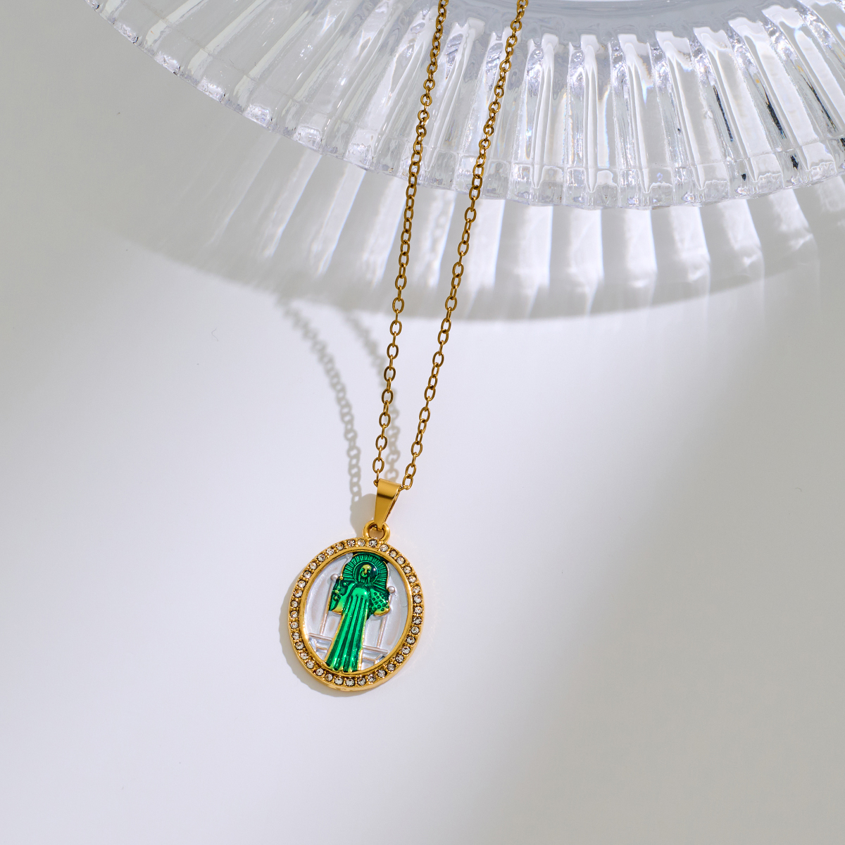 Stainless Steel Inlaid Rhinestone Epoxy Religious Series Pendant Necklace