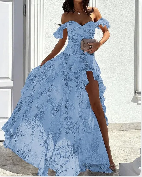 Summer New Fashion Sexy Off shoulder Sleeveless Split Waist controlled Skirt Blue - Shop at LoveMi