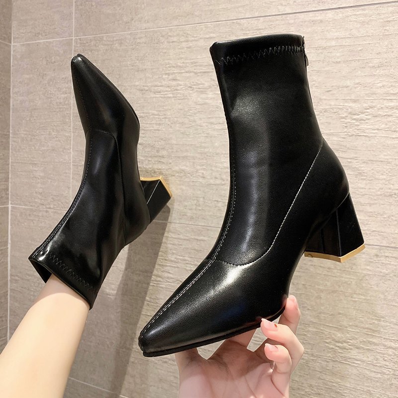 Elastic Short Women Fashion Thin And Thin High heeled Martin Boots Black - Shop at LoveMi