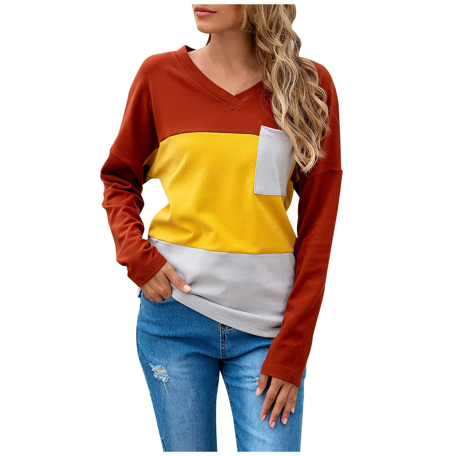 Title 2, V-neck long sleeve stitching three-color plus v...