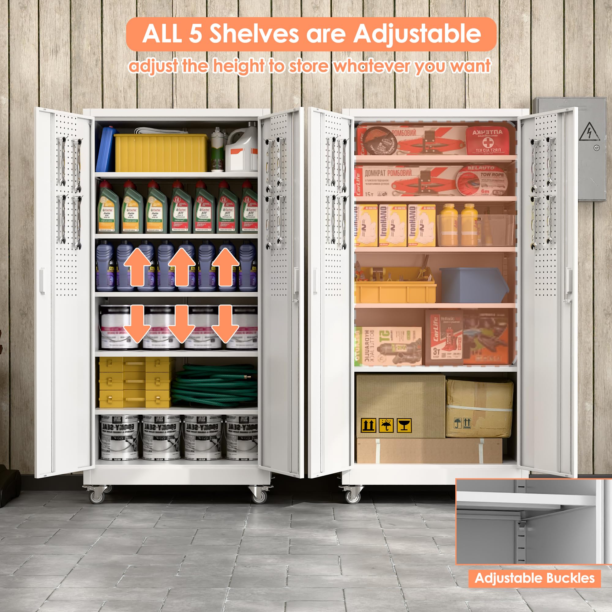 Aobabo Metal Storage Cabinet With Wheels, Steel Locking Cabinet With Pegboard Doors, Garage Cabinet For Office Pantry, 5 Adjustable Shelves White — foto 2