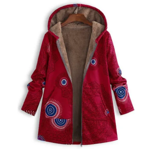 Autumn And Winter New Women's Vintage Warm Printing Pocket Thickened Zipper Hoodie Red - Shop at LoveMi