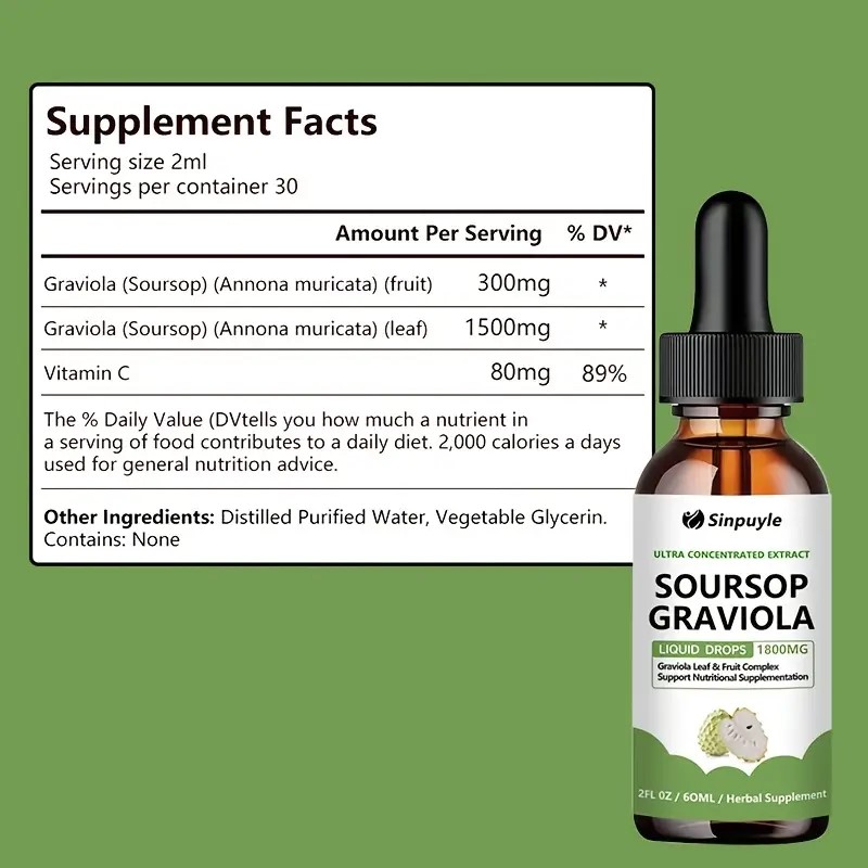 Soursop Graviola 1800mg Ultra Concentrated Liquid Drops - Leaf & Fruit Herbal Supplement, Immune Support, 60ml — view 5