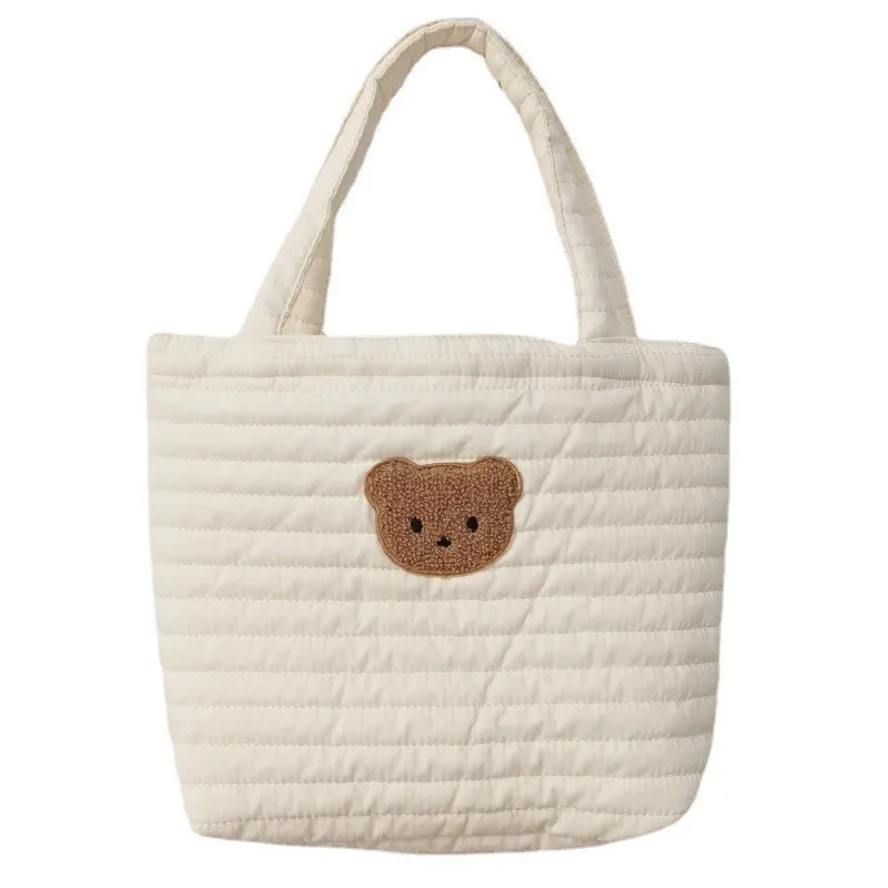 Embroidered Bear Quilted Tote Bag For On-the-go Diaper Storage - Beige
