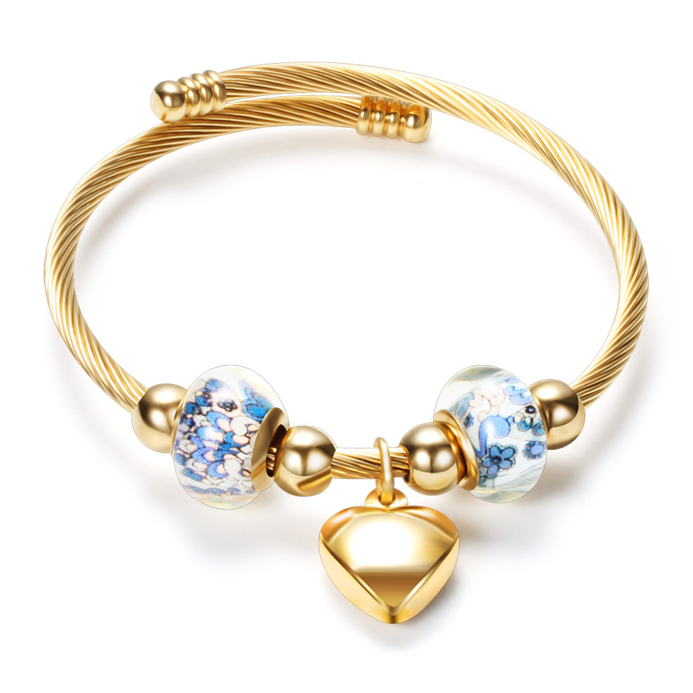 Stainless Steel Glass Bead Bracelet European And American Style Ladies