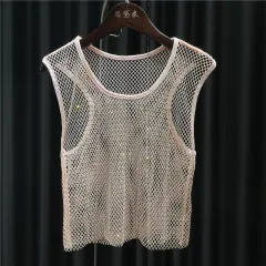 Thin Flash Diamond Short Tank Top - Tan - View 1