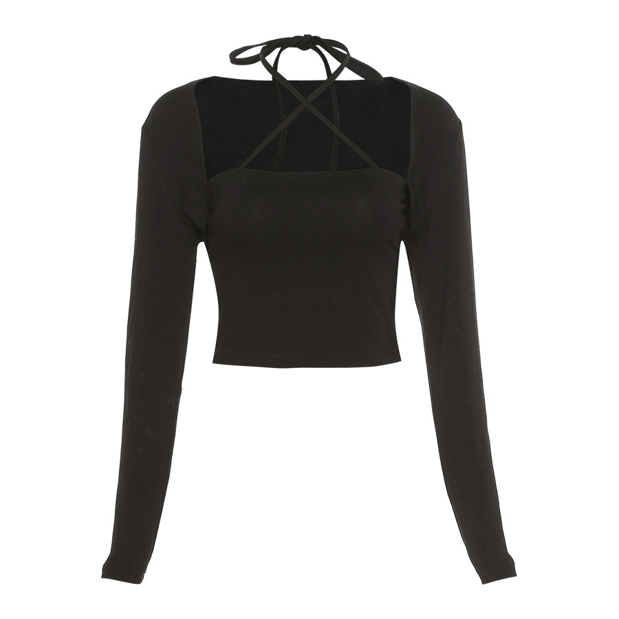 New Summer Women's Solid Color Halter Vest Long Sleeve Sexy T-shirt Two-piece Suit