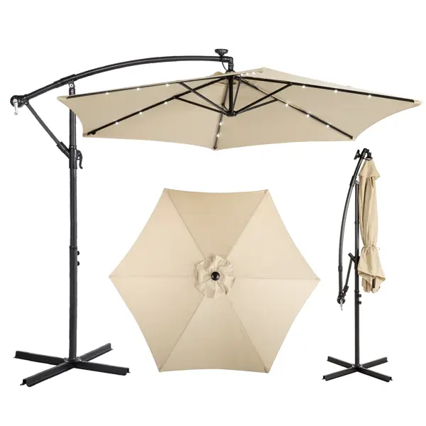 10FT Round Banana Hanging Patio Umbrella With 18 LED Lights, 6 Iron Ribs, Iron Straight & Curved Pole, Waterproof Polyester Canopy, With Stand Sleeve And Cross