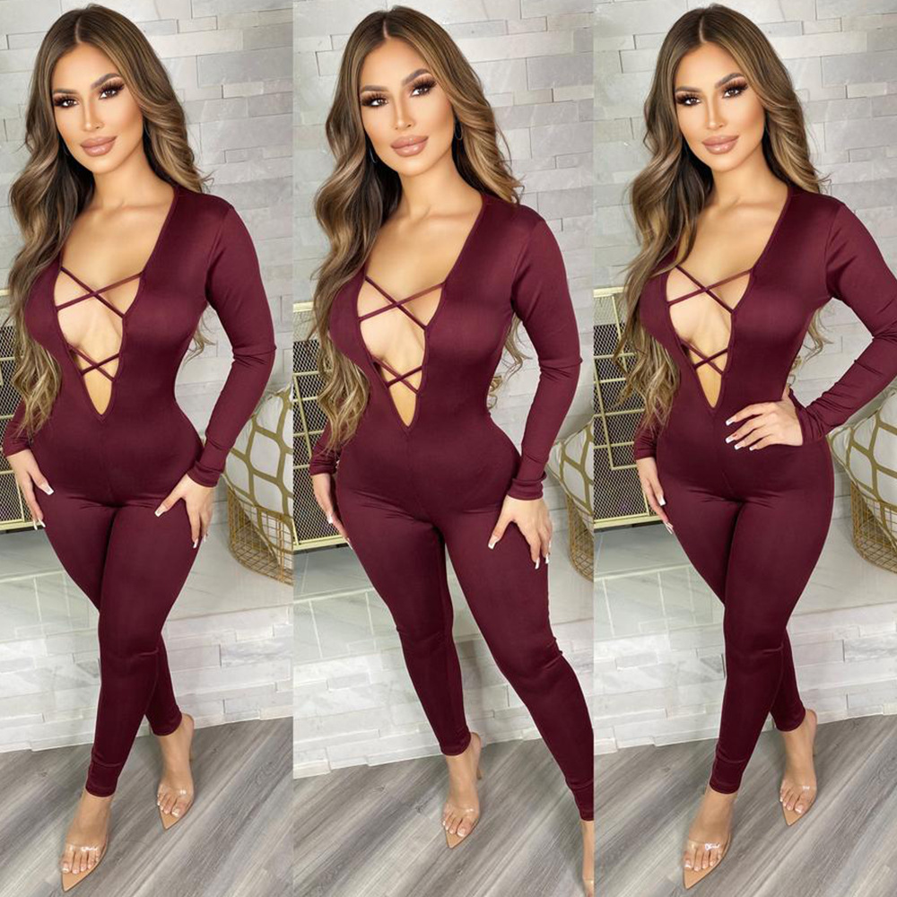 Women’s Fashion Skinny Hollow Long Sleeve Jumpsuit