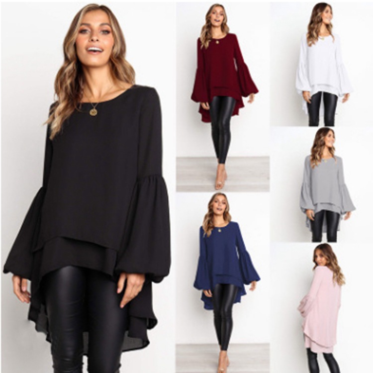 Title 4, Round Neck Lantern Sleeve Irregular Ladies Top