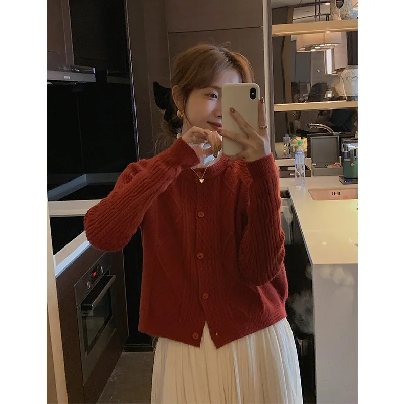 Vintage Short Wool Knitted Cashmere Cardigan For Women - Vintage Red