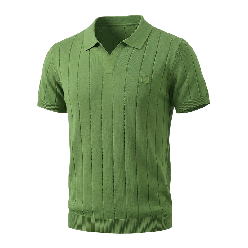Men's Green Vertical Rib Knit Polo Shirt, Johnny Collar Short Sleeve Casual Top
