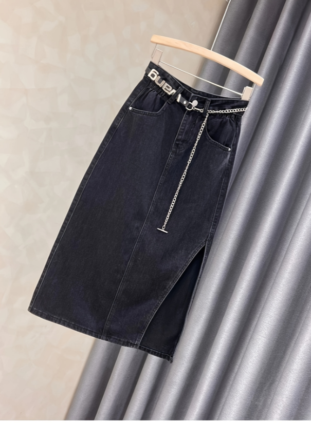 Denim Skirt Skirt Women's Slit High Waist A-line Medium Length Chain Hip Skirt