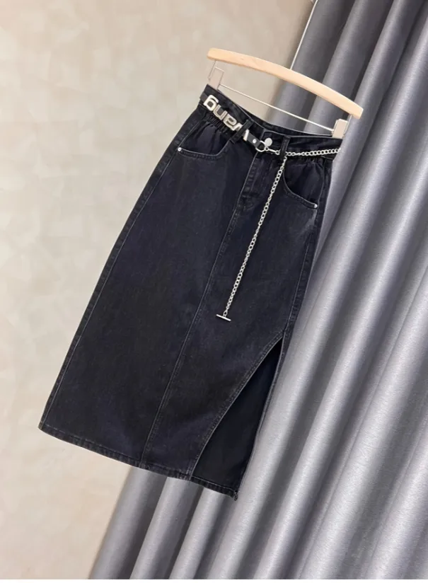 Denim Skirt Skirt Women's Slit High Waist A line Medium Length Chain Hip Skirt Black - Shop at LoveMi