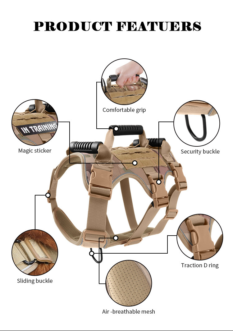 Durable tactical chest harness for medium and large dogs, ideal for training and outdoor use.