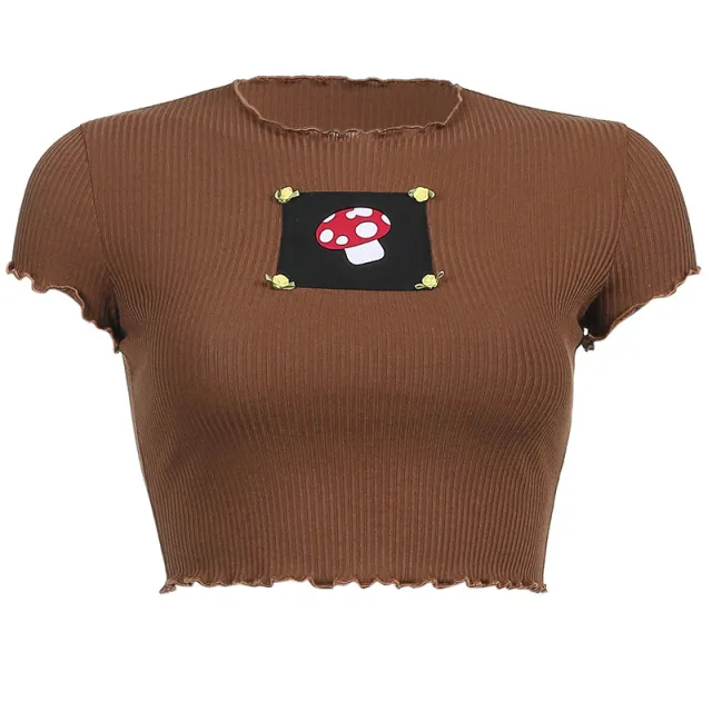 Printed Pullover Slim Fit Crew Neck Short T Shirt Crop Navel T Shirt 01Brown - Shop at LoveMi