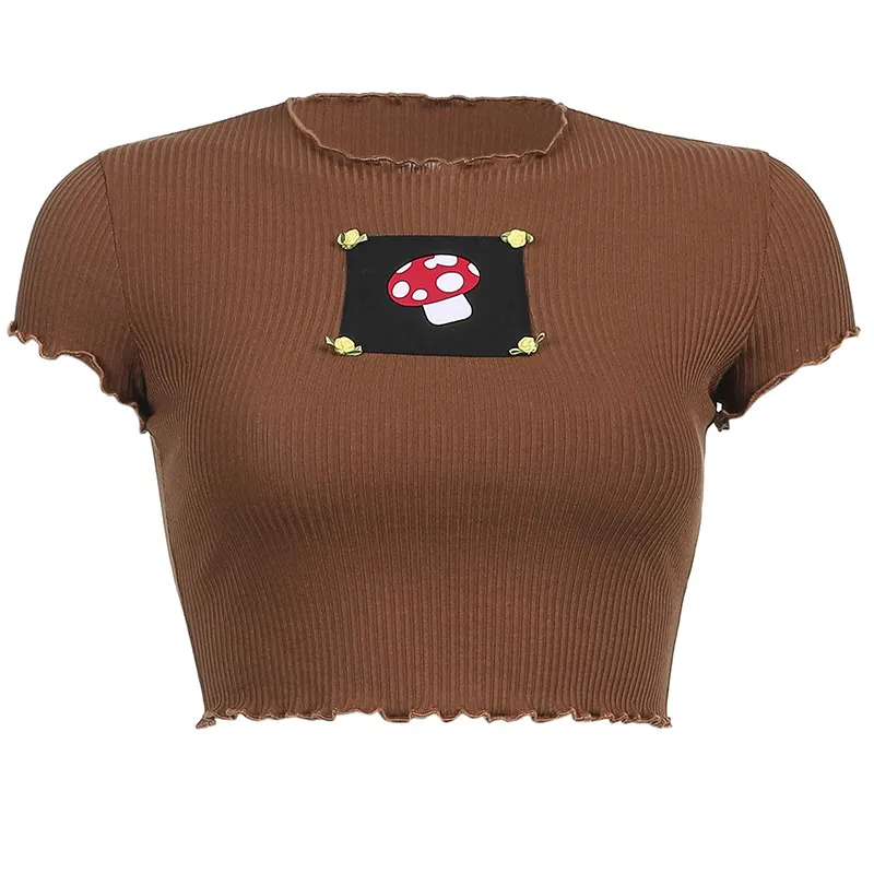 Printed Pullover Slim Fit Crew Neck Short T-Shirt Crop Navel T-Shirt - 01Brown