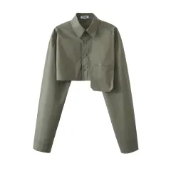 Waist-exposed Long-sleeved Blouse Girl - Army Green - View 1